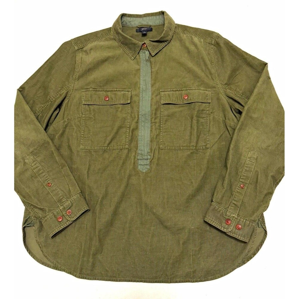 J.Crew Women’s L Olive Green Corduroy Half Zip Popover Top Button Pockets Preppy